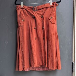 Pleione Hemp A-line Midi Skirt with Button Detail Burnt Orange Retro style